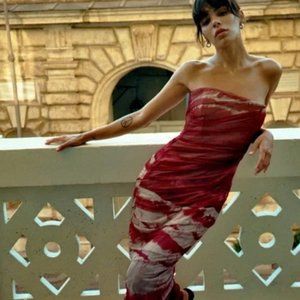 Zara Strapless Red/Cream Ruched Corset Midi Dress - TAG ON